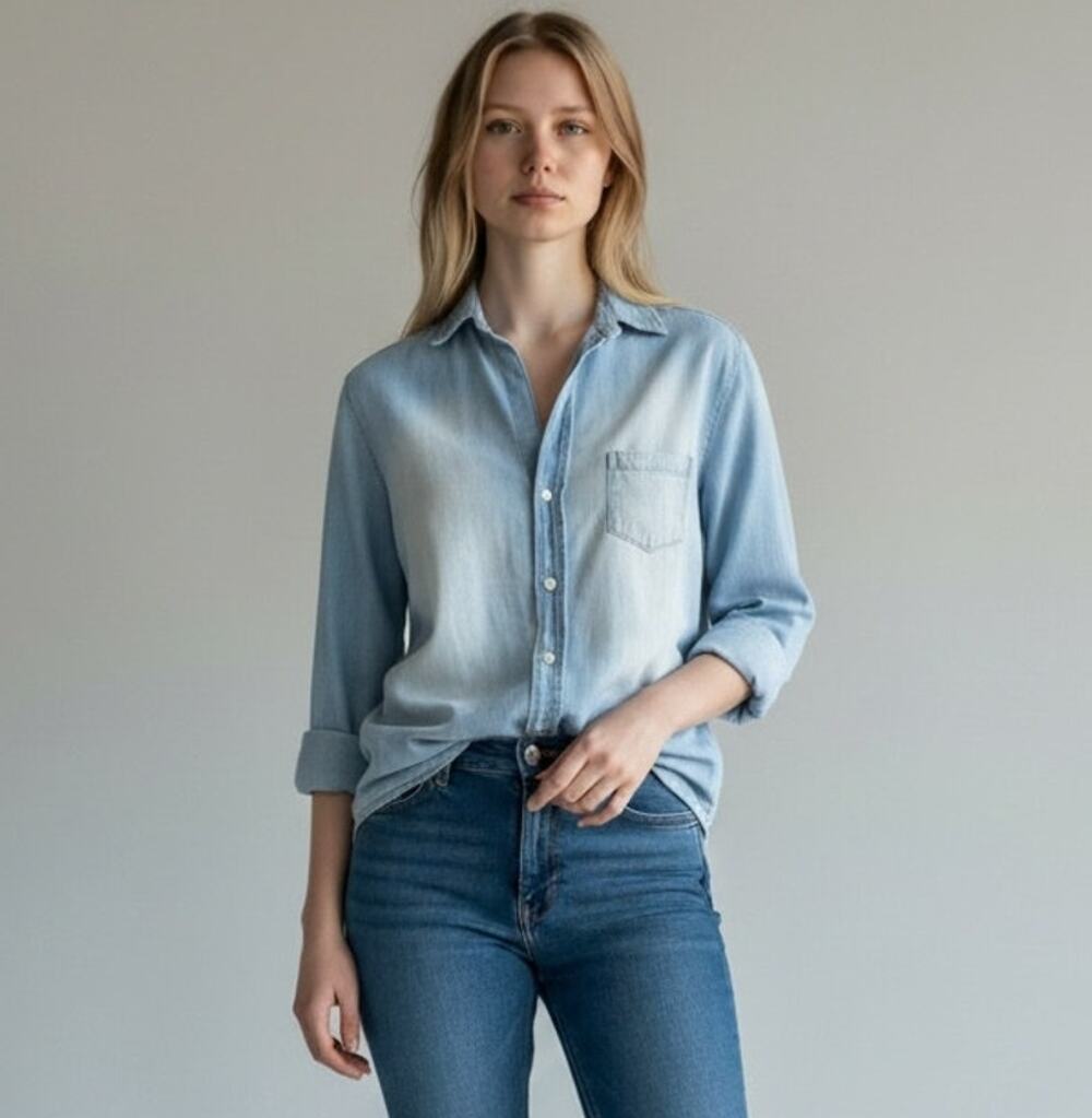 Frank & Eileen Eileen Denim Chambray Shirt M Blue Button Down Made USA Italian